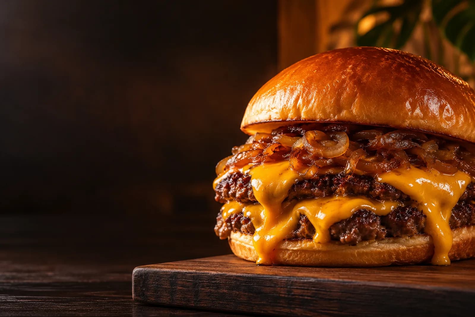 Smash burger duplo com cheddar num pão brioche dourado