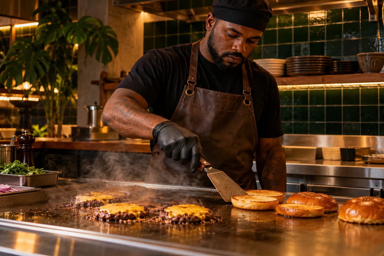 Chapeiro tostando pães brioche na chapa ao lado das carnes smash com queijo